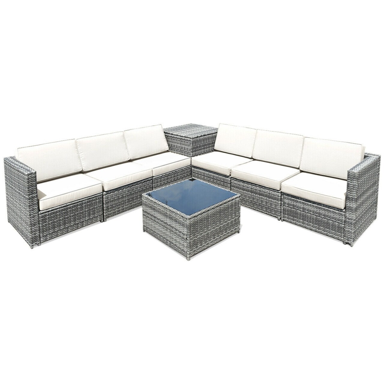 8-Piece White Wicker Patio Furniture Set with Cushions, Steel Frame and Tempered Glass Table for Outdoor Use